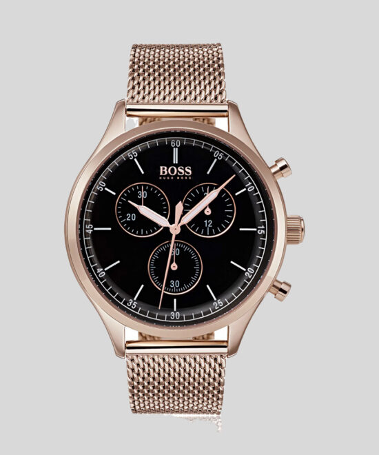 Hugo Boss Companion Chronograph Black Dial Rose Gold Steel Strap Watch For Men